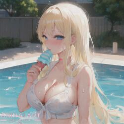 1female ai_generated blonde_hair blue_eyes clothed female_focus female_only ice_cream in_pool licking pool thin_waist wet wet_body white_bra white_shirt