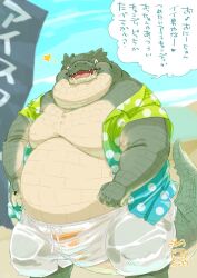 2023 anthro belly big_belly blush clothed clothing conoji crocodile crocodilian crocodylid green_body japanese_text kemono male moobs open_clothing open_shirt open_topwear outside overweight overweight_male reptile scalie shirt shrots solo text topwear underwear