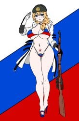 blonde_hair blue_eyes blush coat collar flag_bikini girls'_frontline high_heel_sandals high_heels hood_down hooded_jacket large_breasts mosin-nagant_(girls'_frontline) navel_piercing platform_heels russian_girl salute toenail_polish ushanka white_jacket wide_hips