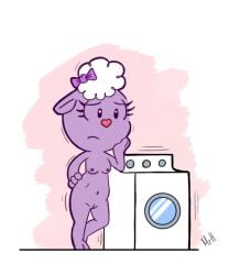 accessory appliance bovid bow_ribbon breasts caprine colored domestic_sheep el_senor_erizo female genitals hair_accessory hair_ribbon hairbow happy_tree_friends lammy_(htf) laundry mammal nipples nude purple_body pussy ribbons sheep simple_background solo washing_machine