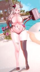 1girls abs arknights big_breasts big_thighs bikini breasts busty female huge_breasts huge_thighs koikatsu large_breasts large_thighs long_hair mudrock_(arknights) navel red_eyes shi_meng swimming_pool swimsuit thick_thighs thighs voluptuous white_hair