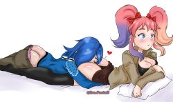 2girls ass ass_grab between_ass black_panties blue_hair bluebullpen blush butt_crack cleavage face_in_ass female_only grey_panties heart hoodie multiple_girls panties posterior_cleavage saiko_bichitaru_(smg4) shiny_skin smg4 surprised surprised_expression tari_(smg4) thong wholesome yuri