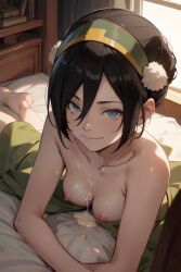 1girls after_sex ai_generated avatar_legends avatar_the_last_airbender black_hair blind cum cum_on_breasts cum_pool cum_puddle earth_kingdom female headband looking_at_viewer pixai short_hair small_breasts solo toph_bei_fong upscaled