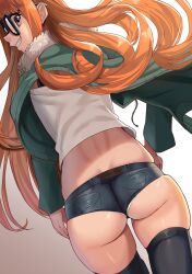 back_view booty_shorts glasses jacket looking_back nico-mo orange_hair persona persona_5 purple_eyes sakura_futaba smile thick_ass thick_thighs thighhighs