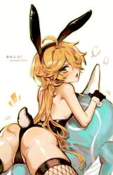 aether_(genshin_impact) blonde_hair blush bunny_day bunny_ears bunnysuit cuntboy cuntboy_only femboy genshin_impact hoyoverse intersex long_hair looking_at_viewer mihoyo pillow pillow_ride riding sweating twink