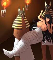 1girls 2boys angry anubian black_hair bondage breasts deviantart egyptian egyptian_headdress exposed_breasts female large_breasts long_hair mummification mummy topless_female torch