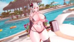 1girls abs arknights big_breasts big_thighs bikini breasts busty female huge_breasts huge_thighs koikatsu large_breasts large_thighs long_hair mudrock_(arknights) navel red_eyes shi_meng swimming_pool swimsuit thick_thighs thighs voluptuous white_hair