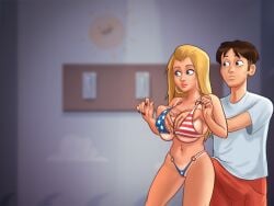 1boy 1girls 2d american_flag_bikini beach belly_piercing big_breasts bikini bikini_bottom bikini_top blonde_hair blue_eyes bottomwear breast_press breast_squeeze breasts brown_hair bulge bulge_through_clothing caught changing_room clothed clothing darkcookie digital_drawing_(artwork) digital_media_(artwork) duo ear_piercing earrings erect_penis erection erection_under_clothes female hand_on_breast light-skinned_female light-skinned_male light_skin long_hair looking_at_partner looking_down main_character_(summertime_saga) male male/female massage navel navel_piercing nipples nipples_visible_through_clothing penis piercing piercings roxxy_(summertime_saga) shirt shocked_expression short_hair shorts small_bikini standing summertime_saga surprised surprised_expression tanline tanlines thick_thighs thong thong_bikini tight_bikini tight_fit topwear