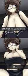 big_breasts brown_hair glasses glasses_on_head hand_on_head kyurby_(zzzhodazzz) leggings looking_at_viewer looking_down looking_down_at_viewer meme multiple_images oh_its_just_her_knees pale_skin pale_skinned pale_skinned_female phone phone_screen phone_view shorts text text_box tight_clothing tight_fit tight_shirt two_panel_image yellow_eyes zzzhodazzz