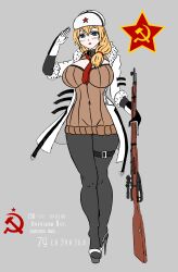 blonde_hair blue_eyes blush coat collar girls'_frontline high_heel_sandals high_heels hood_down hooded_jacket large_breasts mosin-nagant_(girls'_frontline) pantyhose platform_heels red_scarf red_star russian_girl salute soviet sweater_dress ushanka white_jacket wide_hips