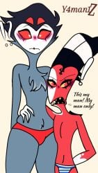 bikini bikini_bottom blitzo_(helluva_boss) boss gay helluva_boss horn horns imp multi_eye owl owl_demon stolas_(helluva_boss) thighs