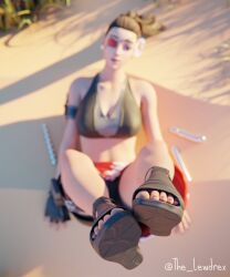 1girls 3d alternate_version_available beach blender blurry blurry_background bottomwear breasts brown_hair brown_hair cleavage clothed clothing doublecross ear_piercing earrings epic_games eyepatch eyewear feet feet_up female female_only fingerless_gloves flower flower_in_hair foot_fetish foot_focus fortnite handwear highres legs_up lewdrex light-skinned_female light_skin long_hair looking_at_viewer looking_up on_floor outdoors outside pants piercing piercings ponytail presenting presenting_feet sand sandals shoes sitting solo solo_focus tank_top topwear watermark