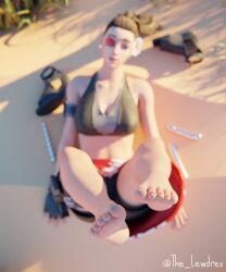 1girls 3d alternate_version_available barefoot beach blender blurry blurry_background bottomwear breasts brown_hair brown_hair cleavage clothed clothing doublecross ear_piercing earrings epic_games eyepatch eyewear feet feet_up female female_only fingerless_gloves flower flower_in_hair foot_fetish foot_focus fortnite handwear highres legs_up lewdrex light-skinned_female light_skin long_hair looking_at_viewer looking_up on_floor outdoors outside pants piercing piercings ponytail presenting presenting_feet sand sandals shadow shoes shoes_removed sitting solo solo_focus sun sunlight tank_top topwear watermark