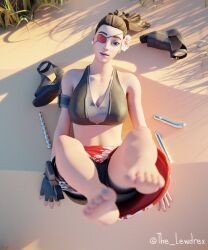 1girls 3d alternate_version_available barefoot beach blender blurry bottomwear breasts brown_hair cleavage clothed clothing doublecross ear_piercing earrings epic_games eyepatch eyewear feet feet_up female female_focus female_only fingerless_gloves flower flower_in_hair fortnite handwear highres legs_up lewdrex light-skinned_female light_skin long_hair looking_at_viewer looking_up on_floor outdoors outside pants piercing piercings ponytail presenting sand sandals shadow shoes shoes_removed sitting solo solo_focus sun sunlight tank_top topwear watermark