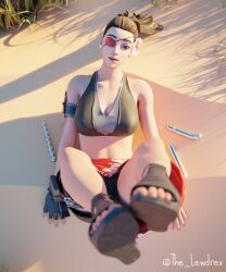 1girls 3d alternate_version_available beach blender blurry bottomwear breasts brown_hair cleavage clothed clothing doublecross ear_piercing earrings epic_games eyepatch eyewear feet feet_up female female_focus female_only fingerless_gloves flower flower_in_hair fortnite handwear highres legs_up lewdrex light-skinned_female light_skin long_hair looking_at_viewer looking_up on_floor outdoors outside pants piercing piercings ponytail presenting sand sandals shoes sitting solo solo_focus tank_top topwear watermark