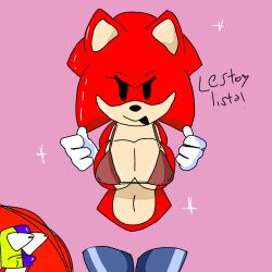 big_breasts black breasts cesar cesar_the_scratcher cubit eyes female fur furry hedgehog no_arms no_legs panties pink_background red_body red_bra sonic_(series) sonic_the_hedgehog_(series) spanish_text