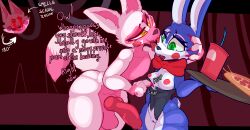 anthro blue_body breasts canid canine cheek_lick clothing duo english_text exposed_breasts face_lick female five_nights_at_freddy's five_nights_at_freddy's:_sister_location five_nights_at_freddy's_2 food fox funtime_foxy_(fnaf) funtime_foxy_(fnafsl) glowing glowing_eyes green_eyes group hi_res knot lagomorph leporid licking male male/female mammal mangle_(fnaf) mangled_mangle_(fnaf) multicolored_body pink_body rabbit rule_63 scottgames tail text tfzn tongue tongue_out torn_clothing toy_bonnie_(fnaf) trio white_body yellow_eyes