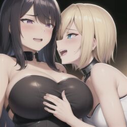 2girls ai_generated big_breasts black_hair blonde_hair blue_eyes choker embarrassed hand_on_breast hi_res horny leather_clothing metal_choker original original_character overflowing_breasts purple_eyes tagme tagme_(artist) user_lovespike white_topwear