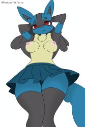 1girls anthro arms_up black_body black_inner_ear blue_body blue_ears blue_fur blue_tail breasts female_lucario from_below fur generation_4_pokemon lucario medium_breasts pokemon pokemon_(species) thatpastelfoxxo white_background