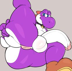 2023 absurd_res anthro anus ass balls big_butt blush collar digital_media_(artwork) genitals half-closed_eyes half-erect hi_res huge_butt looking_at_viewer male male_only mario_(series) narrowed_eyes nintendo penis puffy_anus purple_yoshi rear_view simple_background smile solo thick_thighs virito wide_hips yoshi