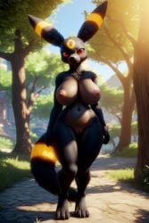 ai_generated anthro black_body black_fur black_nose child_bearing_hips fur furry hind_legs hindlegs hindpaw huge_breasts long_hair long_tail looking_at_viewer navel neck_tuft nipples outdoors paws pink_nipples plump pokemon pokemon_(species) pupils pussy red_eyes snout solo solo_female stable_diffusion standing tail tail_tuft thick thick_thighs thighs tree trees tuft umbreon vagina voluptuous walking_towards_viewer wgenjoyr4539 wide_hips woods yellow_fur