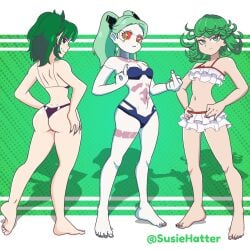 3girls ass barefoot belly_button butt colored copyright_request crossover cyberpunk:_edgerunners dana_silverfang feet female female_only full_body green_hair hands_on_hips light_skin looking_at_viewer middle_finger multiple_girls oc one-punch_man pigtails rebecca_(edgerunners) short_hair standing susiehatter swimsuit tatsumaki tied_hair toes twintails two_piece_swimsuit