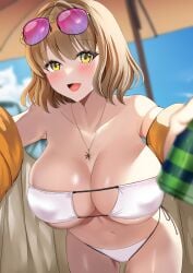 1girls 2d anis_(nikke) anis_(sparkling_summer)_(nikke) beach bikini breasts brown_hair cleavage drink eyepatch_bikini eyewear_on_head female female_only goddess_of_victory:_nikke huge_breasts light-skinned_female light_skin looking_at_viewer medium_hair offering offering_to_viewer official_alternate_costume open_mouth outdoors pale-skinned_female pale_skin parasol reaching_out reaching_towards_viewer revealing_clothes smile solo sunglasses_on_head swimsuit tara_(szzj7733) umbrella white_bikini white_swimsuit yellow_eyes