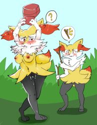 after_transformation ambiguous_gender anthro big_breasts black_body black_fur blush braixen breasts calem_(pokemon) clothing colored confusion duo female field fur generation_6_pokemon genitals hat headgear headwear hi_res nintendo nipples orange_body orange_eyes orange_fur pokemon pokemon_(species) pussy stick tairenar transformation white_body white_fur yellow_body yellow_fur zneazel