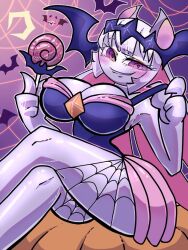 bat_ears bat_wings blush breasts cobwebs fnf_entity fnf_mods friday_night_funkin halloween large_breasts lollipop mommy monpopo358 moon nikusa_(sugarratio) old_art purple_eyes sarvente_(dokki.doodlez) thick_thighs thighs white_hair white_skin