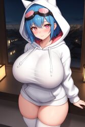 ai_generated blue_hair blush building city clothed_breasts cute gigantic_breasts goggles_on_head hoodie naked_hoodie night pink_eyes stable_diffusion thick_thighs thighhighs white_hoodie