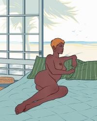 1girls 2d 2d_(artwork) ass barefoot beach bed breasts dark-skinned_female dark_skin earring feet female female_only lying lying_on_bed lying_on_side medium_breasts naked naked_female nipples nude nude_female numitor ocean orange_hair palm_tree pillow short_hair solo solo_female