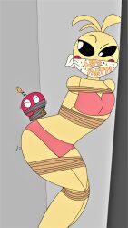 annoyed annoyed_expression bondage cupcake_(fnaf) five_nights_at_freddy's five_nights_at_freddy's_2 in_locker over_the_mouth_gag slowgoodturtle toy_chica_(fnaf)