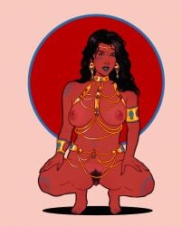 1girls 2d 2d_(artwork) a_princess_of_mars barefoot barsoom black_hair blue_nails body_paint bracelet dejah_thoris earrings feet female female_only headband jewelry john_carter_of_mars lipstick literature long_hair looking_at_viewer medium_breasts nail_polish navel_piercing numitor painted_nails painted_toenails piercing public_domain pussy simple_background solo solo_female squatting wrist_cuffs