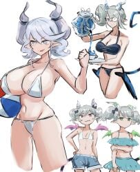 4girls alternate_breast_size ariane_the_labrynth_servant arianna_the_labrynth_servant arias_the_labrynth_butler ball beach_ball belly_button big_breasts bikini blue_eye breasts cleavage demon_girl duel_monster green_eyes grey_eyes hatano_kiyoshi horns huge_breasts labrynth_of_the_silver_castle large_breasts light-skinned_female light_skin lovely_labrynth_of_the_silver_castle monocle multiple_girls pink_hair silver_hair small_breasts swimsuit tail wings yu-gi-oh!