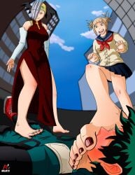 1boy 2girls arlioth barefoot blush boku_no_hero_academia city denki_anma dominant_female dragon_girl femdom ffm_threesome foot_domination foot_fetish foot_focus foot_on_face foot_on_penis footjob footjob_over_clothes himiko_toga humiliation izuku_midoriya light-skinned_female light-skinned_male light_skin malesub midoriya_izuku my_hero_academia ryuukyuu standing standing_footjob stepped_on stepping_on_penis submissive_male tatsuma_ryuuko teamwork threesome toga_himiko trample trampling