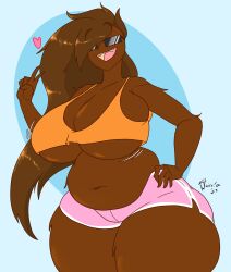 1girls 2023 art_trade artist_signature brown_fur brown_hair chubby chubby_female coco_waifu_(mr.coco) color eyebrows_raised eyebrows_visible_through_hair furry heart huge_breasts juice_inyoureye(artist) long_hair motion_lines mr.coco orange_bra peace_sign shorts sunglasses tagme thick_thighs