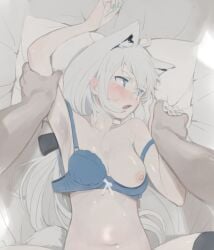 1boy 1girls 2d arm_grab armpits arms_above_head arms_up bed blue_eyes blush bra bra_down breasts cute embarrassed female female_focus first_person_view fox_ears fox_girl fox_tail hairless_armpits held_down holding_hands hololive hololive_gamers hololive_gen_1 hololive_japan kemonomimi kujira_pasta laying_down laying_on_bed light_skin long_hair looking_away lower_body_out_of_frame male_pov missionary_position on_back on_bed pillow pinned_down restrained shirakami_fubuki shy submissive submissive_female sweat tagme tsundere unseen_male_face virtual_youtuber white_hair wrist_grab