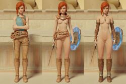 3d alternate_version_available annoyed armwear asterigos:_curse_of_the_stars boots casual clothed/nude embarrassed_nude_female embarrassing_outfit enf exposed_breasts exposed_pussy exposed_torso female female_warrior ginger green_eyes hilda_(asterigos) human legwear nipples pale_skin red_hair reluctant revealing_clothes sequence trying_on_clothes weapon