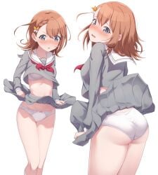 1girls ass blush bra breasts brown_hair clothing female grey_eyes grey_serafuku hanasato_minori highres kamuchin_soda legs_together matching_underwear medium_breasts miniskirt more_more_jump!_(project_sekai) open_mouth orange_hair panties pantyshot project_sekai school_uniform serafuku short_hair skirt skirt_tug solo standing thighs underwear white_background white_bra white_panties wide_eyed wind wind_lift