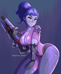 1girls 2d_(artwork) ass breasts cleavage clothing female female_only firearm gun hips holding_gun holding_weapon huge_ass large_ass large_breasts overwatch purple_hair simple_background solo solo_female spartandoodles straight_hair thick_thighs thighs widowmaker yellow_eyes