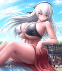 amazed ao_no_kiseki bored buoy elie_macdowell giantess huge_breasts lying sitting skindentation smaller_female smaller_male spoken_ellipsis swimsuit towel trails_of_(series) zenkisu