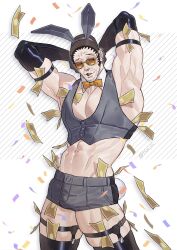 armpits arms_up bara black_gloves black_legwear black_thighhighs borsalino_(kizaru) bulge bunny_boy bunny_ears bunny_tail cleavage dilf dollar_bills elbow_gloves facial_hair garter_straps gloves male male_only mature mature_male money money_under_clothes muscular muscular_male one_piece pecs short_shorts shorts sideburns sock_garters solo stubble sunglasses thick_thighs thighhighs tsai_iii vest