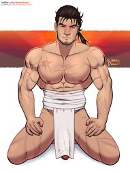 1boy black_hair heishiro_mitsurugi looking_at_viewer male male_only muscular muscular_male penis scar scars_all_over soul_calibur veiny_muscles wererdraws