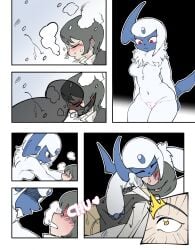 absol anthro black_hair blue_body closed_eyes comic curious duo female fur gender_transformation generation_3_pokemon genitals hi_res human kiss_on_lips kissing male mammal mtf_transformation nintendo pokemon pokemon_(species) pre-transformation pussy red_eyes snow species_transformation transformation unconscious white_body white_fur woken_up yellow_eyes zneazel