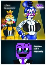 animatronic ballora ballora_(fnafsl) big_breasts bra breasts closed_eyes cupcake_(fnaf) english_text five_nights_at_freddy's glasses medium_support_(meme) rockstar_puppet_(artist) size_comparison sports_bra suit text tie toy_chica_(fnaf) william_afton