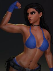 3d abs arm_up armpit bikini bikini_top black_choker black_hair blue_bikini blue_bikini_top choker dark-skinned_female dark_hair dark_skin earrings female_abs fit fit_female flexing flexing_bicep hand_wraps long_hair lovelyjohnny muscles muscular muscular_female navel_piercing overwatch pharah shaved_armpit stomach_tattoo sweat tanline tattoo tattoo_on_belly