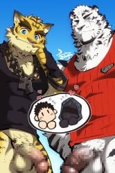 2boys 41raco alternate_costume anthro arknights balls bara barazoku blush bottomless censored clothed clothing clothing_swap crossover doctor_(arknights) dog_tags felid flaccid fur gay genitals group heart hi_res hiroyuki_(morenatsu) human human_on_anthro hypergryph interspecies male male/male male_only mammal morenatsu mosaic_censorship mountain_(arknights) multicolored_body multicolored_fur muscular muscular_anthro muscular_male offscreen_character pantherine penis pubes shirako shirt signature striped_body striped_fur stripes studio_montagne tank_top tiger topwear torahiko_(morenatsu) white_body white_fur yaoi yellow_body yellow_fur