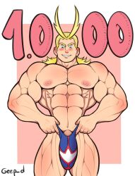 1boy 2023 abs all_might bara barazoku biceps big_bulge blonde_hair blue_eyes blush bulge gay gepp_(artist) hi_res highres huge_bulge looking_at_viewer male male_focus male_nipples male_only manly muscles muscular muscular_arms muscular_legs muscular_male muscular_thighs my_hero_academia nipples penis solo solo_male thong toshinori_yagi underwear