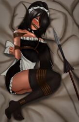 bed bed_sheet bed_sheets bedding bedding_background black_hair bondage dfg fearful_expression french_maid french_maid_nidalee gagged gagged_female girl high_resolution highres league_of_legends maid maid_headdress maid_outfit maid_uniform nidalee orange_eyes orange_eyes_female riot_games rope_bondage spear tearing_up tears tears_in_eyes the_grind_series tied_hair tied_up tribal_markings tribal_tattoo tribal_tattoos