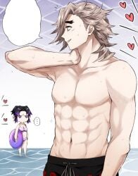 1boy 1girls angry_face beach bikini blonde_hair demon_slayer douma female golden_hair hakogardenmiko heart kimetsu_no_yaiba kochou_shinobu male muscles pectorals pretty_boy purple_eyes purple_hair rainbow_eyes shorts smile smiling tagme